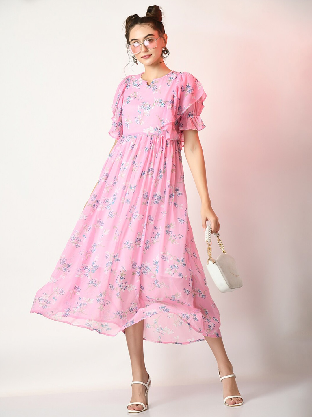 

DressBerry Pink Floral Printed Puff Sleeves Georgette Fit & Flare Midi Dress