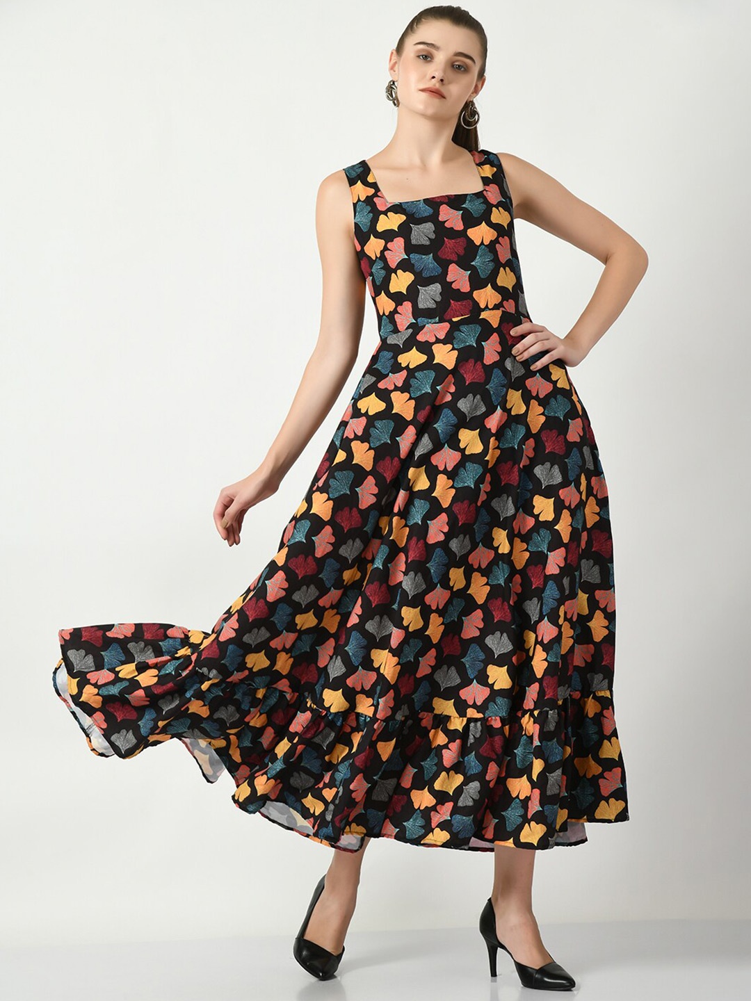 

DressBerry Black Floral Printed Linen Fit And Flare Midi Dress