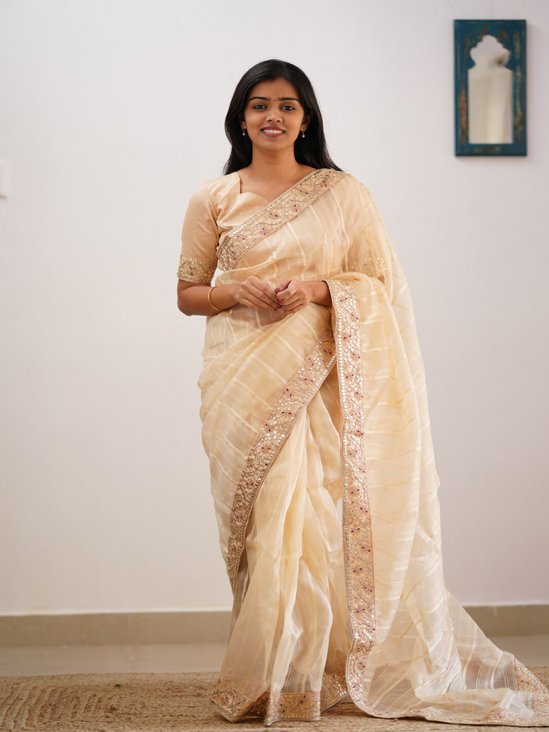 

ORUS Striped Woven Design Organza Saree, Beige