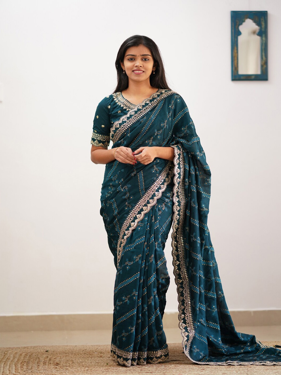 

ORUS Ethnic Motifs Embroidered Saree, Teal