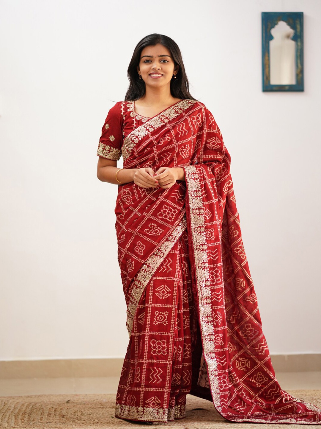 

ORUS Bandhani Embroidered Silk Blend Saree, Red