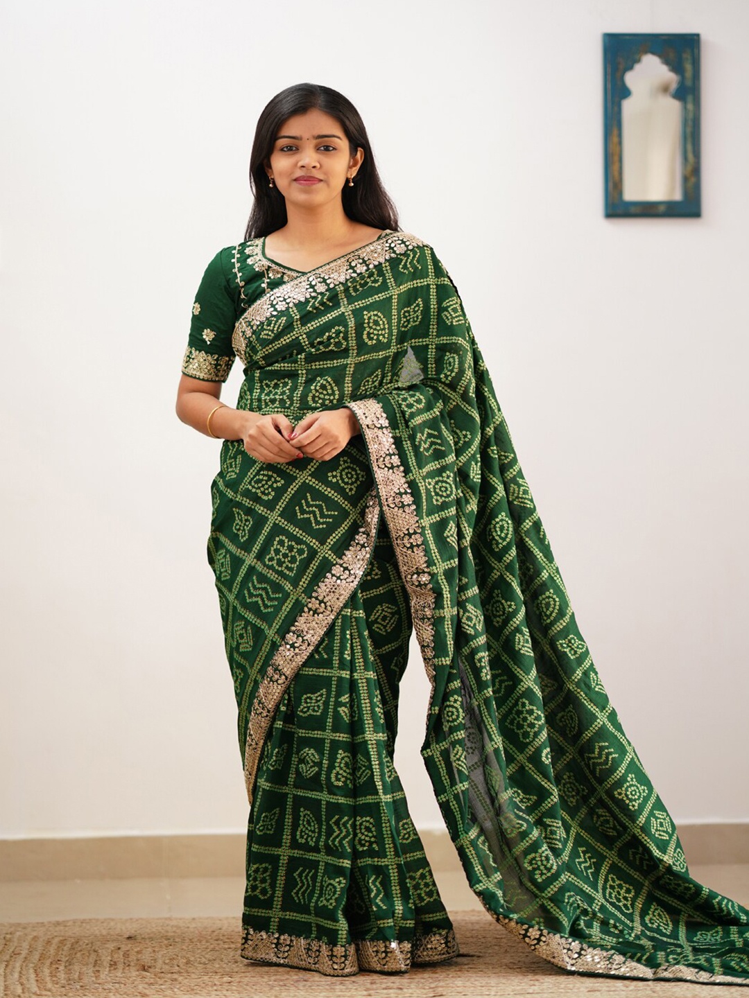 

ORUS Ethnic Motifs Embroidered Silk Blend Heavy Work Saree, Green