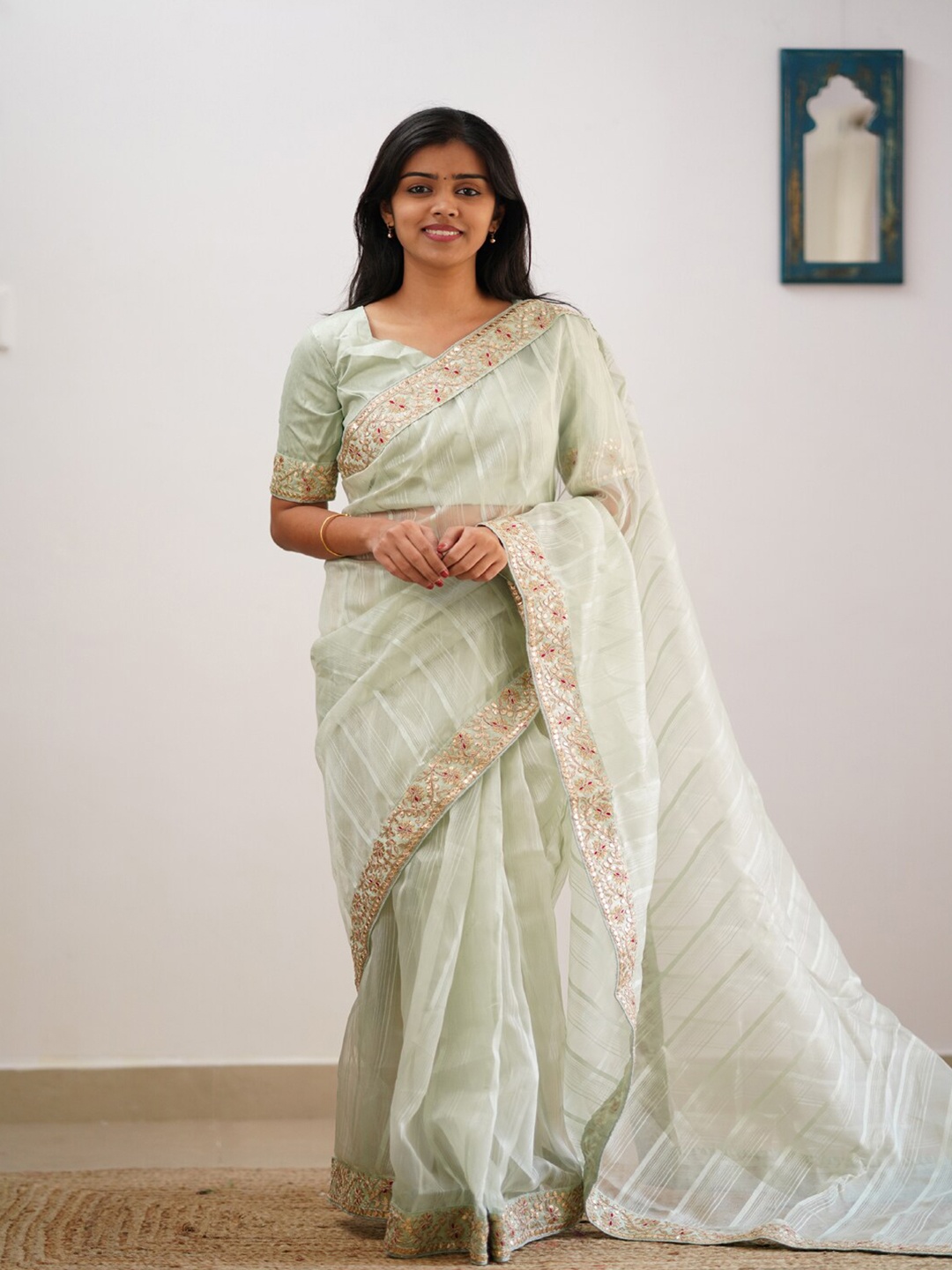 

ORUS Striped Embroidered Organza Saree, Green