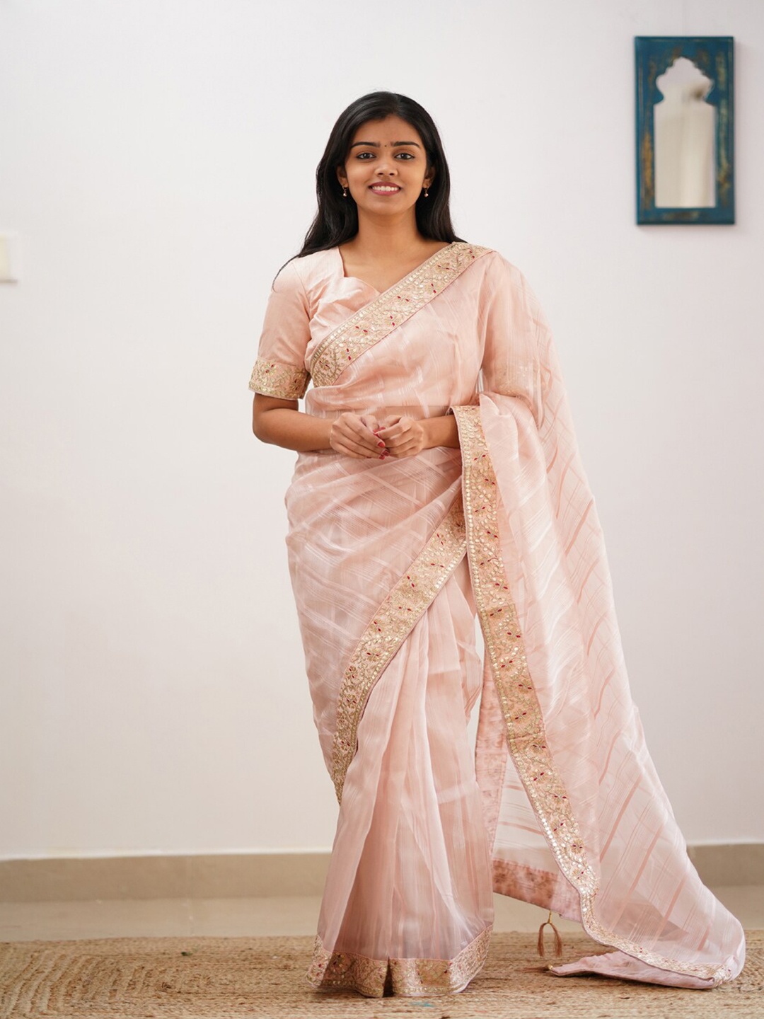 

ORUS Striped Embroidered Organza Saree, Cream