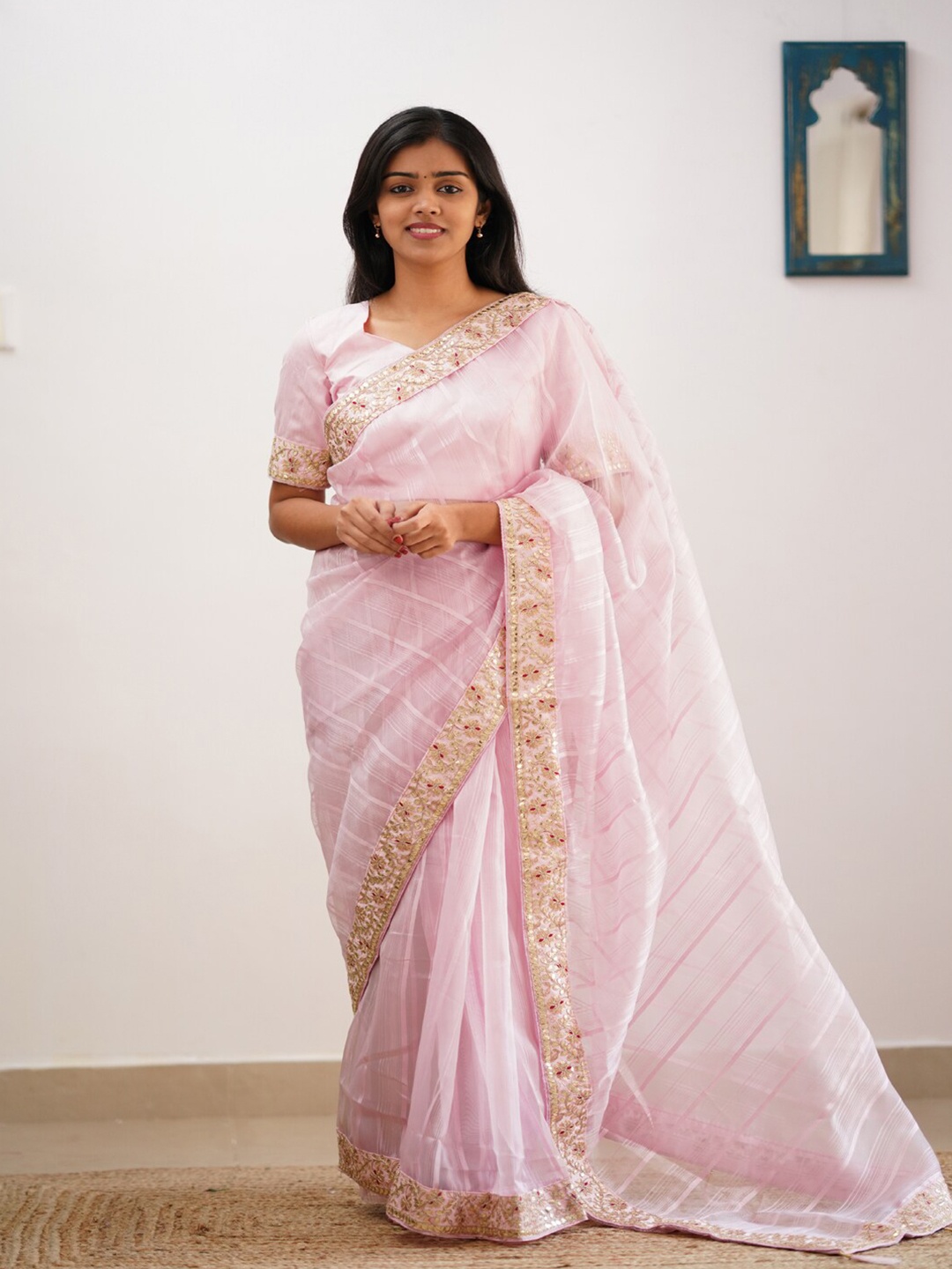 

ORUS Striped Embroidered Organza Saree, Pink