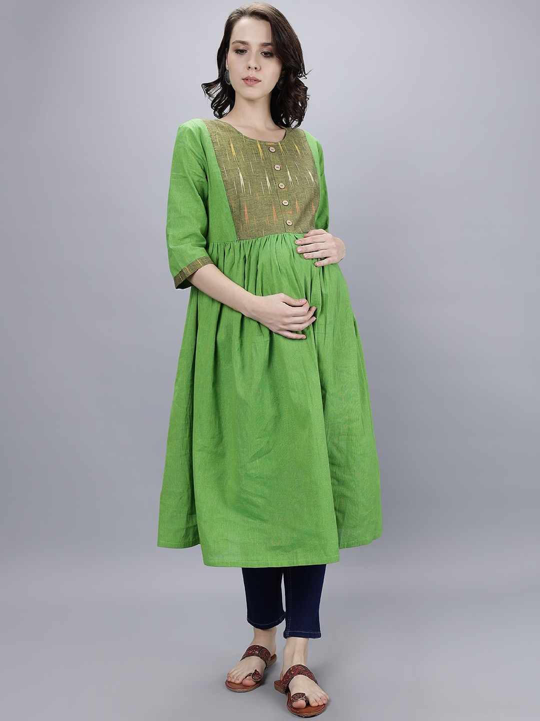 

Cot'N Soft Round Neck A-Line Pure Cotton Maternity Kurta, Green