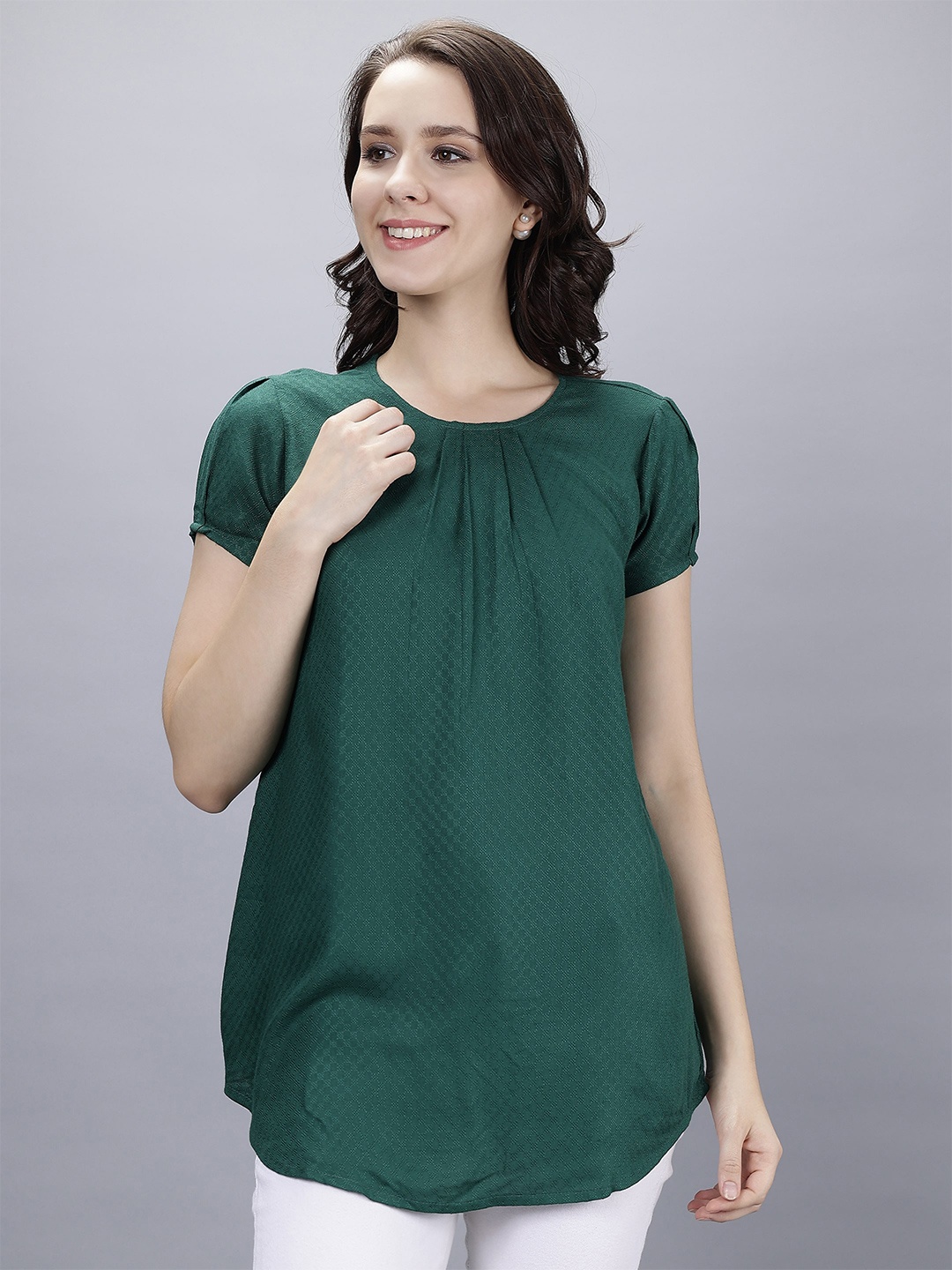 

Cot'N Soft Geometric Woven Design Puff Sleeves Gathered Detailed Cotton Top, Green