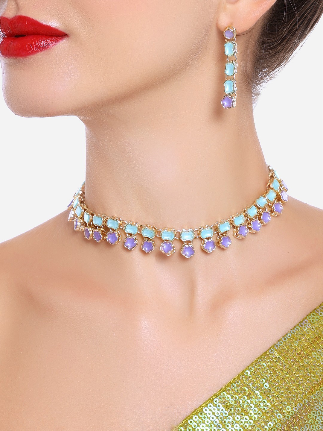 

Zaveri Pearls Gold-Plated Stone-Studded & Beaded Jewellery Set, Turquoise blue