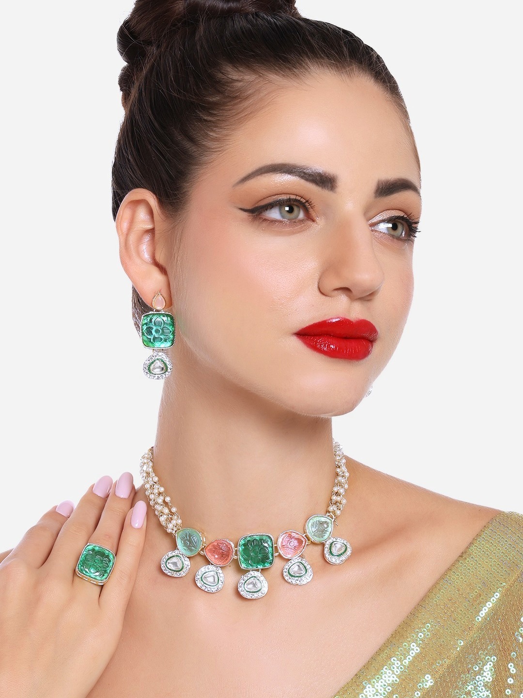 

Zaveri Pearls Gold-Plated Artificial Stones & Beads Studded Jewellery Set, Green