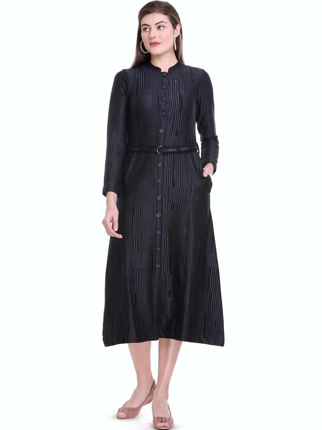 

STADO Striped Woollen A-Line Midi Dress, Black