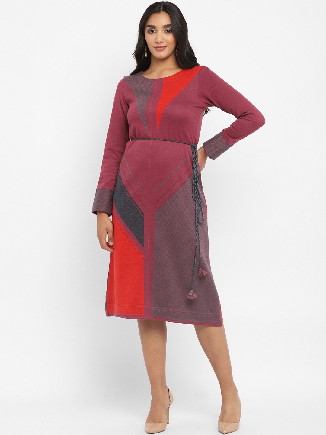

STADO Colourblocked Woollen A-Line Midi Dress, Red