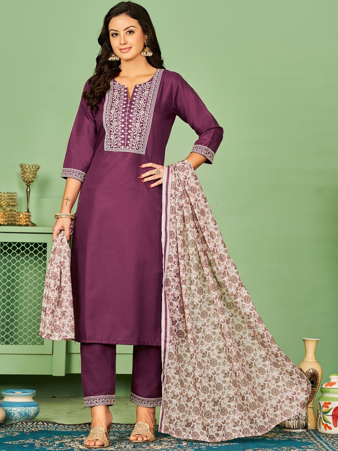 

KALINI Ethnic Motifs Embroidered Straight Thread Work Kurta With Trousers & Dupatta, Burgundy