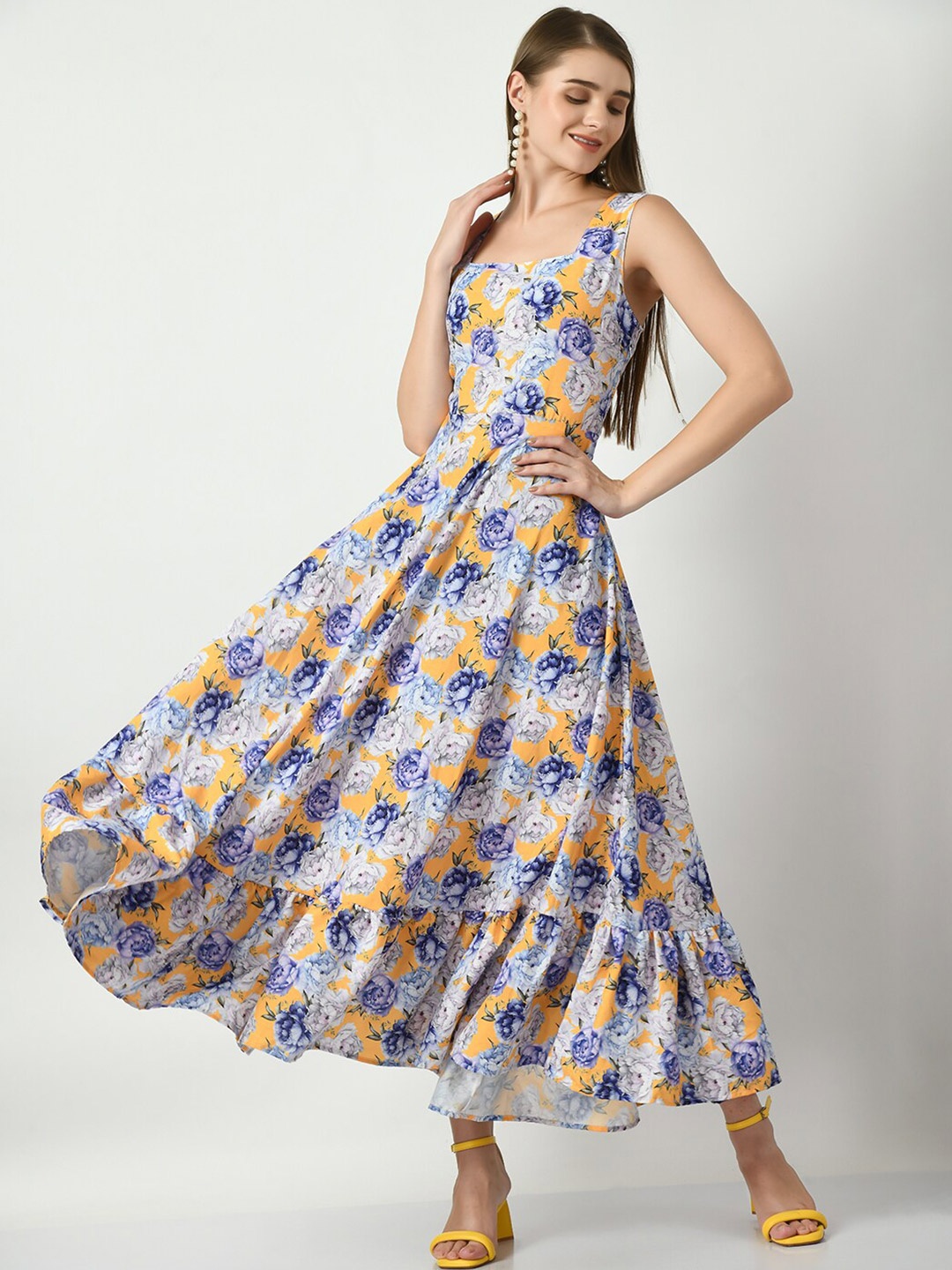 

Myshka Floral Printed Square Neck Linen Maxi Dress, Grey