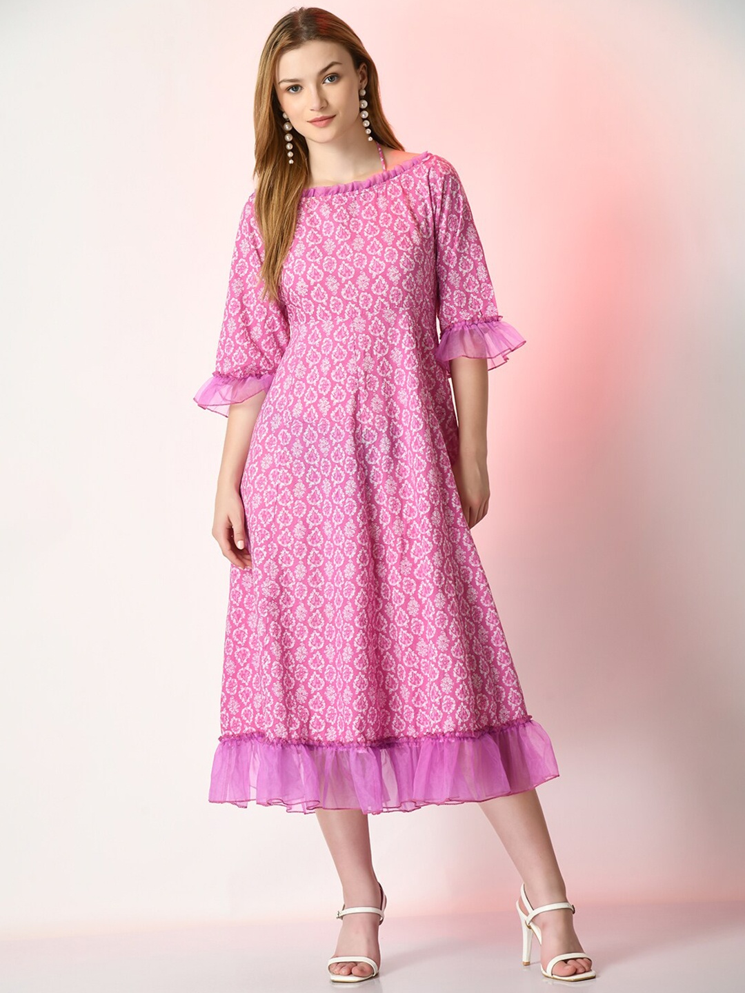 

Myshka Floral Printed Bell Sleeve Ruffled Cotton Fit & Flare Midi Dress, Pink