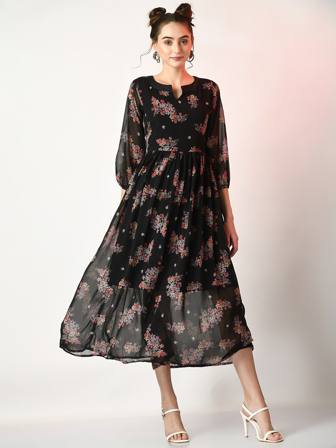 

Myshka Floral Printed Mandarin Collar Puff Sleeves Georgette Fit & Flare Midi Dress, Black