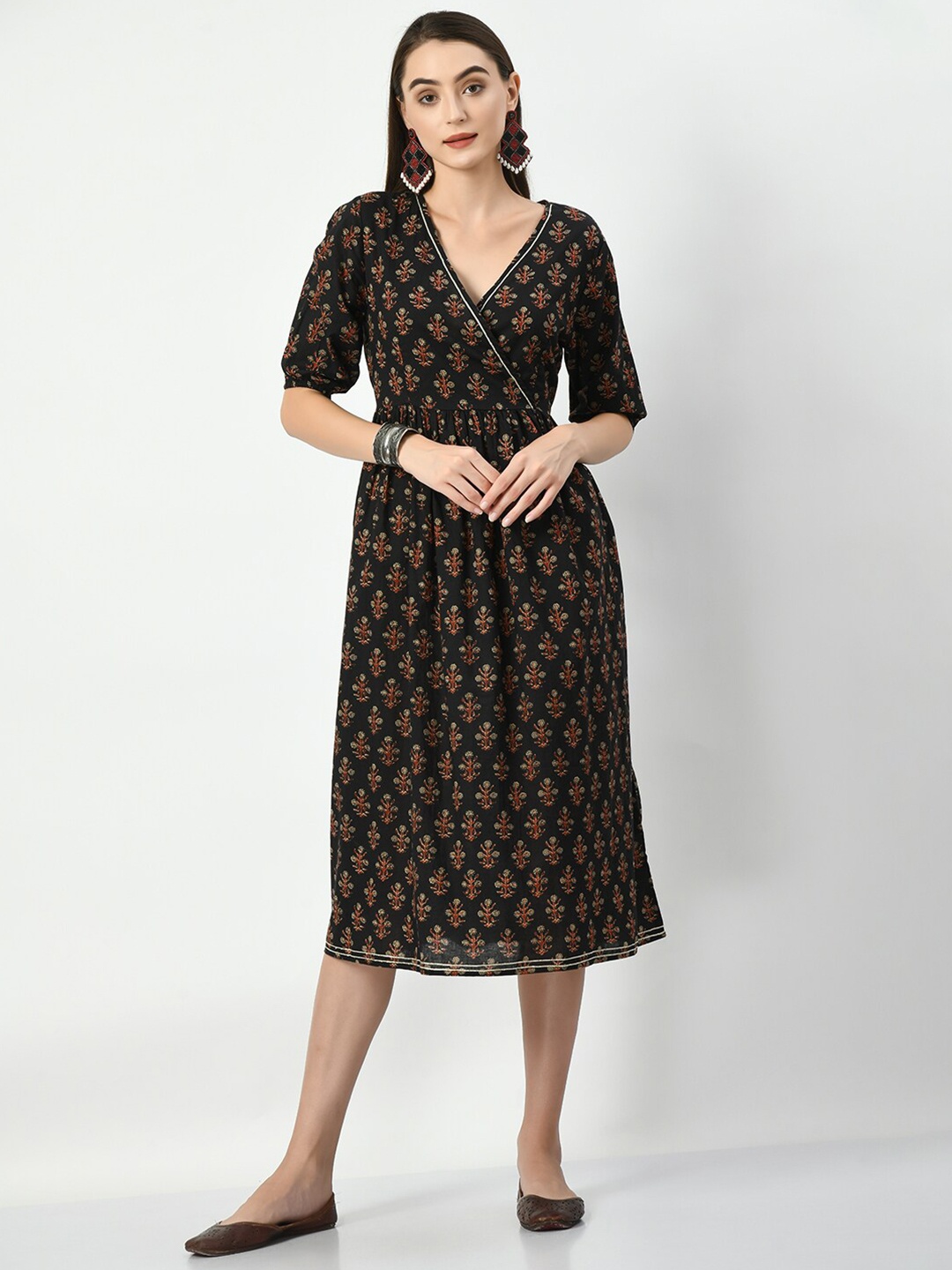 

Myshka Ethnic Motifs Printed V-Neck Midi Cotton Wrap Dress, Black