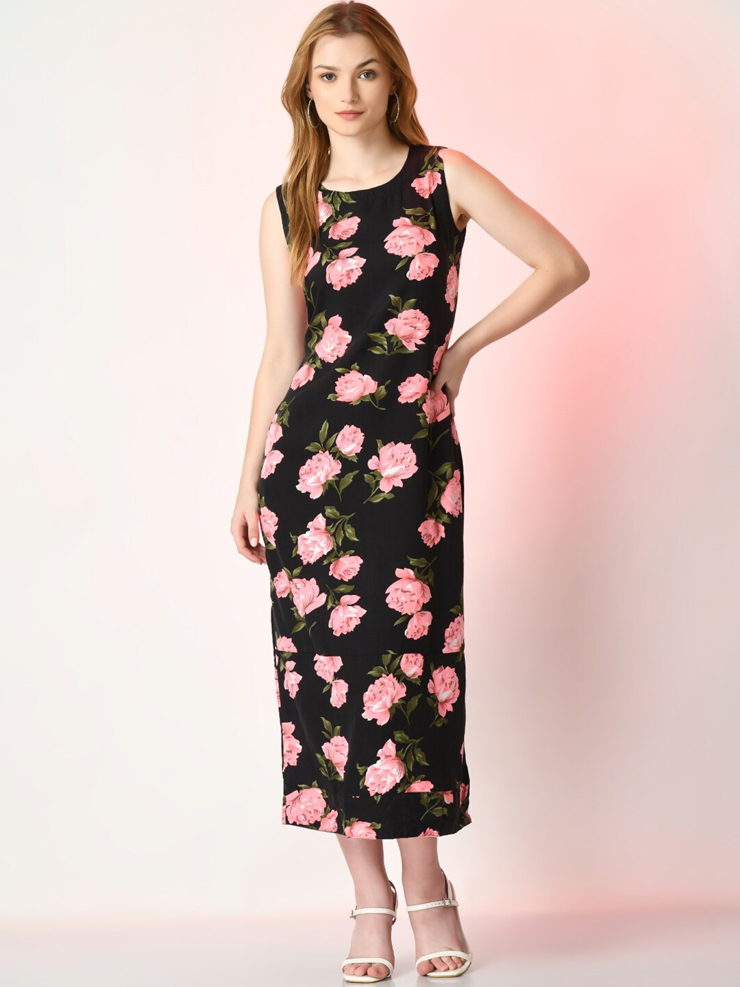 

Myshka Floral Printed Sheath Silk Midi Dress, Black