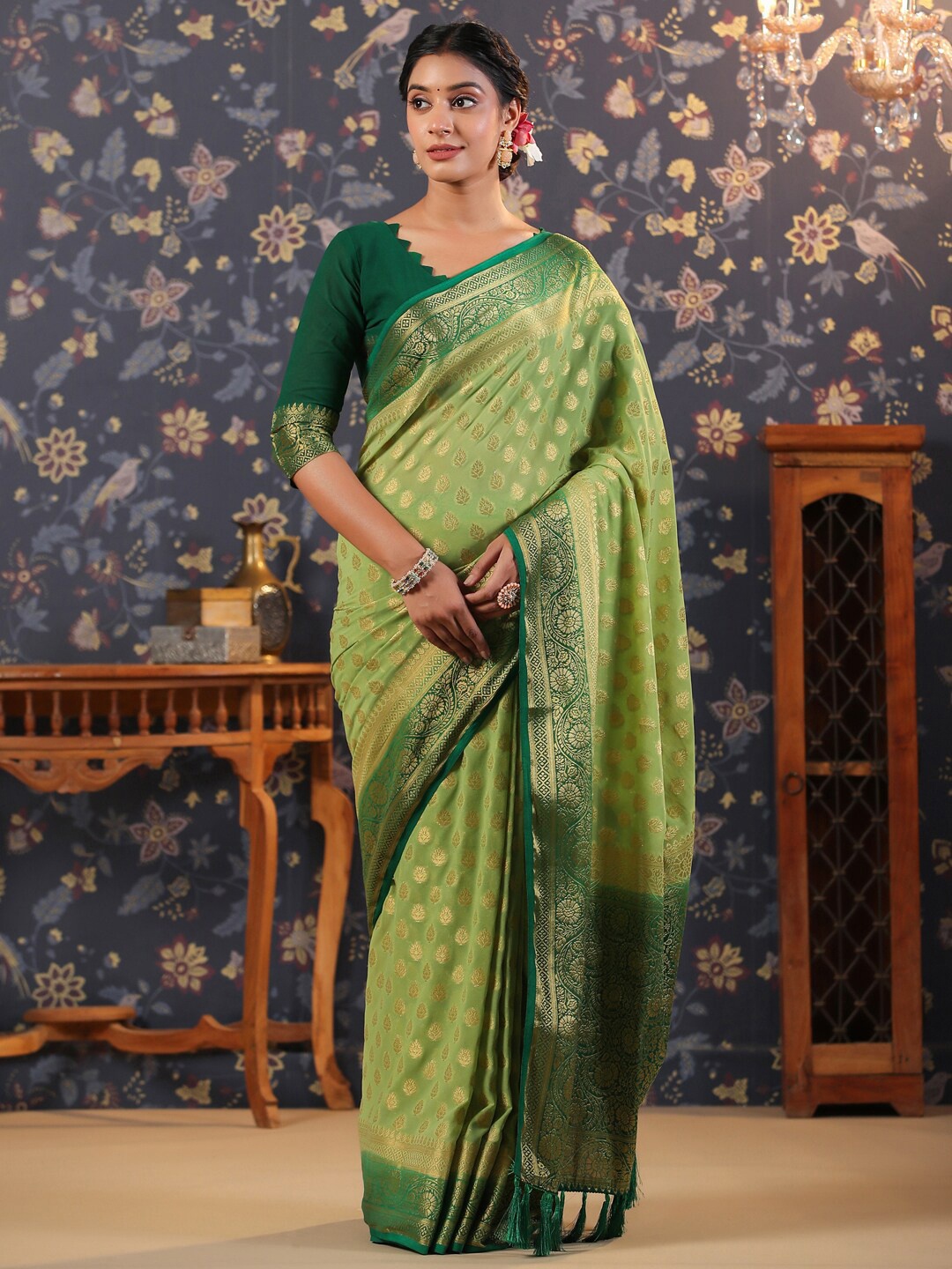 

House of Pataudi Woven Design Pure Georgette Saree, Olive