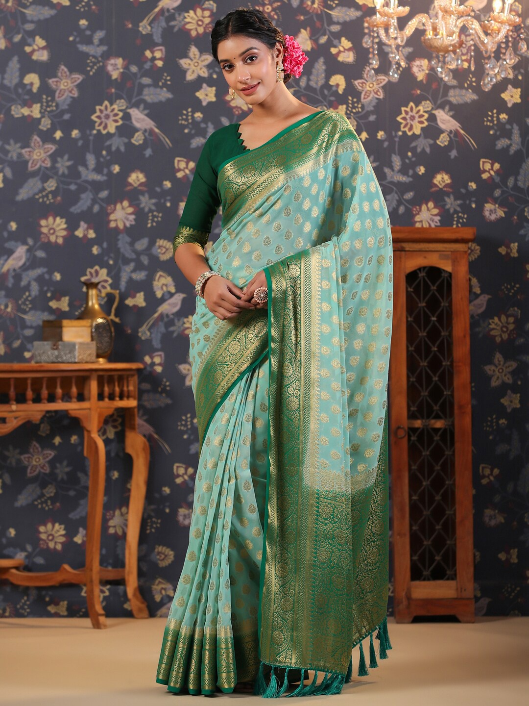 

House of Pataudi Woven Design Zari Pure Georgette Handloom Banarasi Saree, Blue