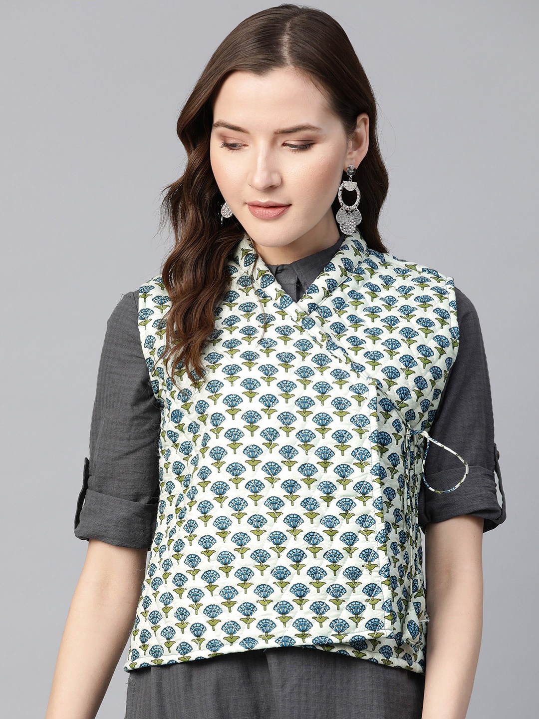 

Bhama Couture Floral Printed Cotton Quilted Jacket, Off white
