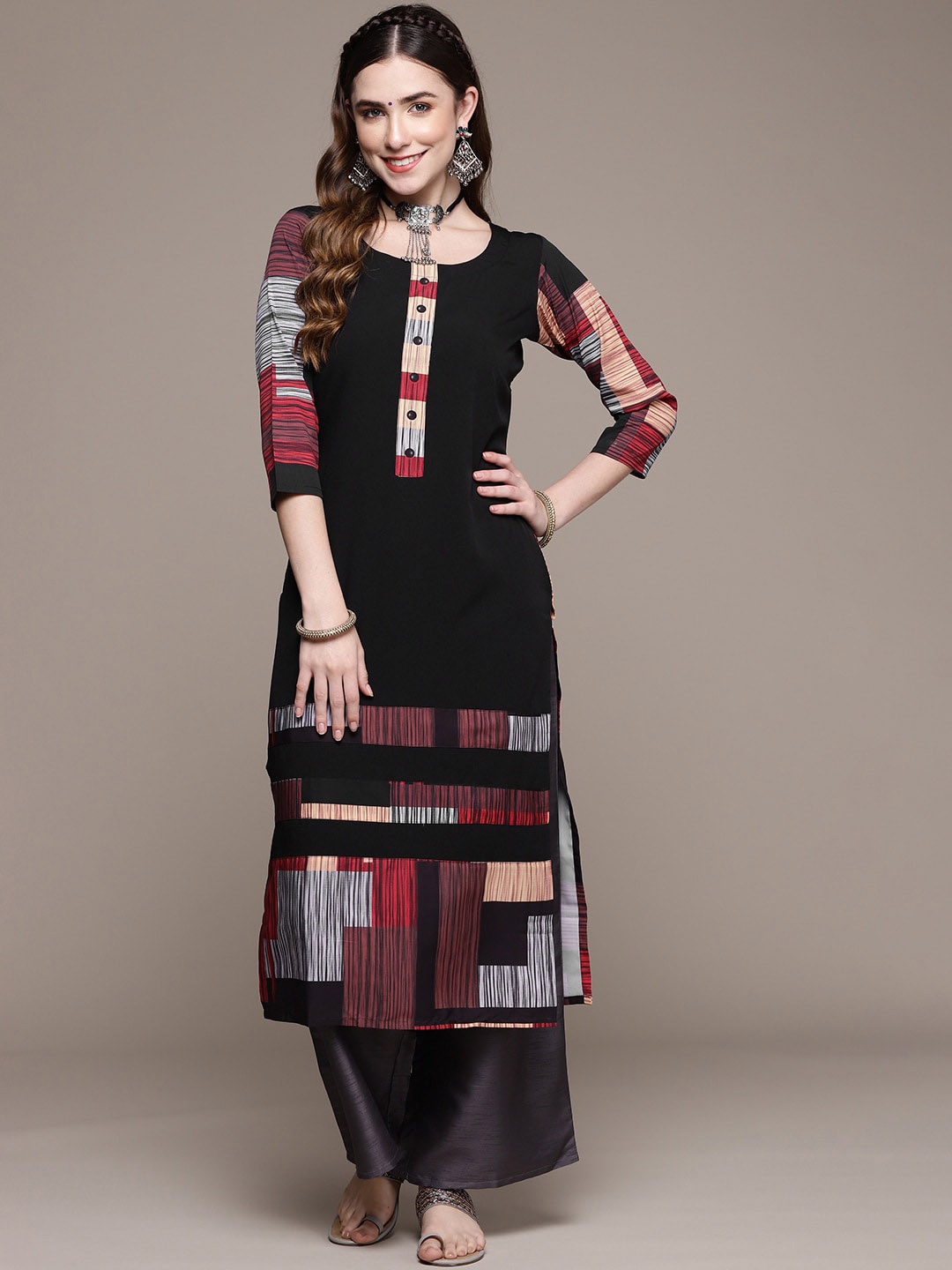 

Sangria Geometric Printed Straight Kurta, Black