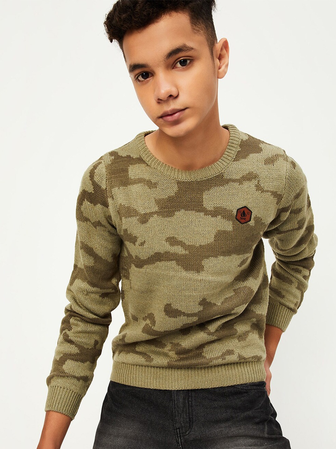 

max Boys Abstract Printed Pure Cotton Pullover Sweater, Olive