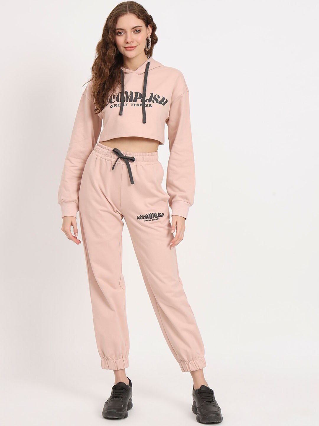 

VividArtsy Typography Printed Hooded Crop Sweatshirt With Mid-Rise Joggers, Peach