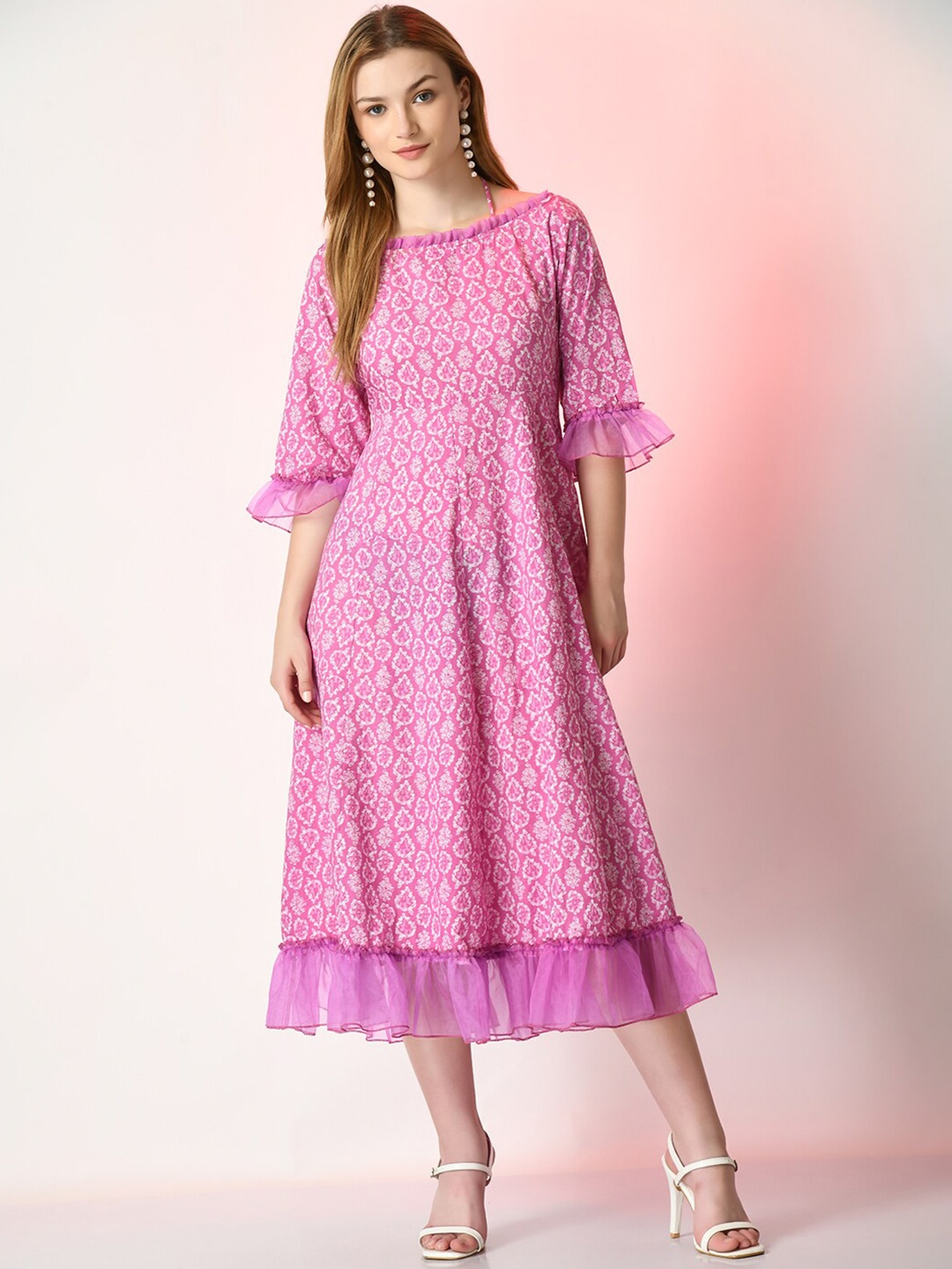 

DressBerry Ethnic Motif Printed Bell Sleeve Ruffled Cotton Fit & Flare Midi Dress, Pink