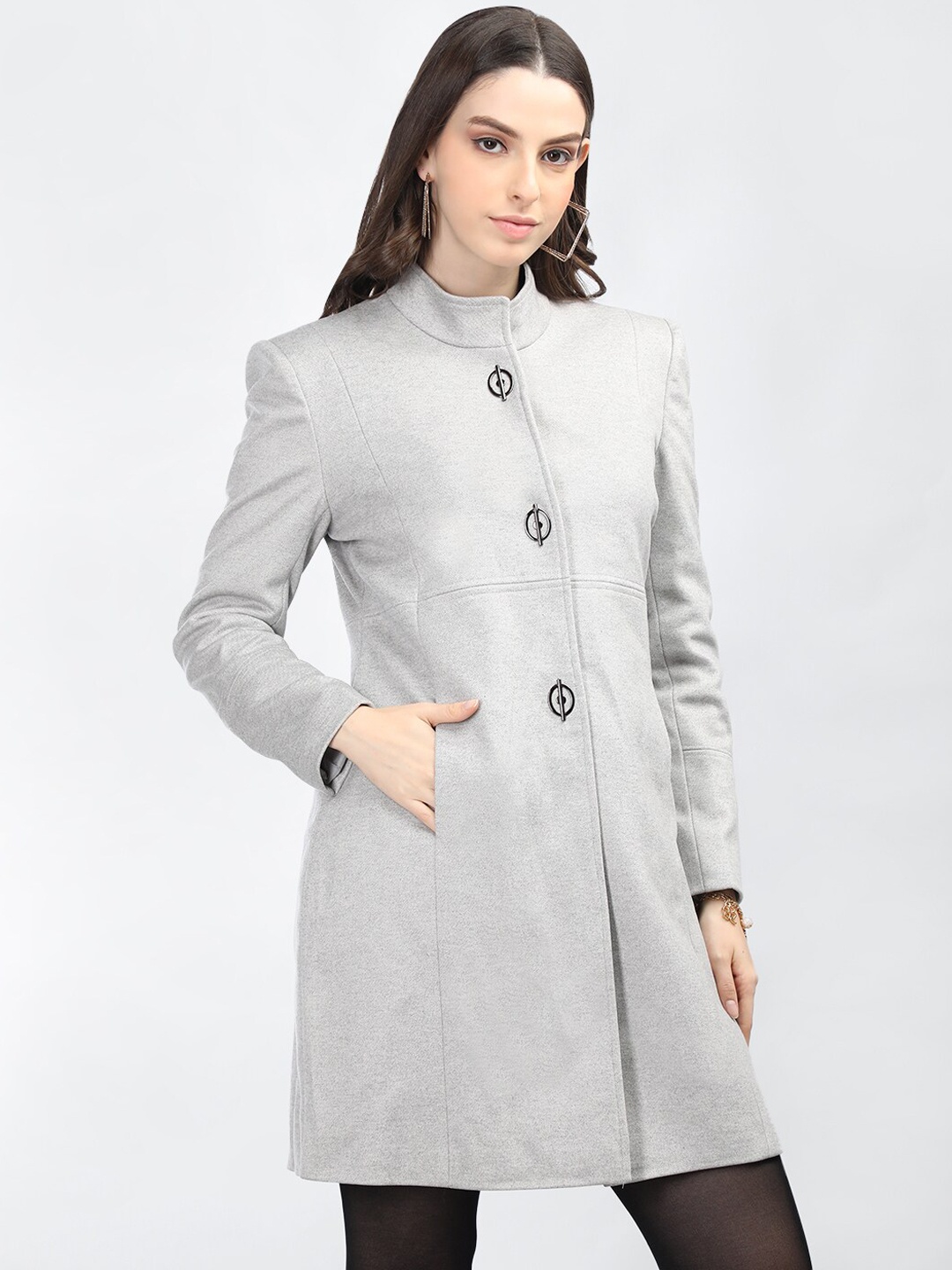 

PROTEX Stand Collar Single Breasted Overcoat, Grey