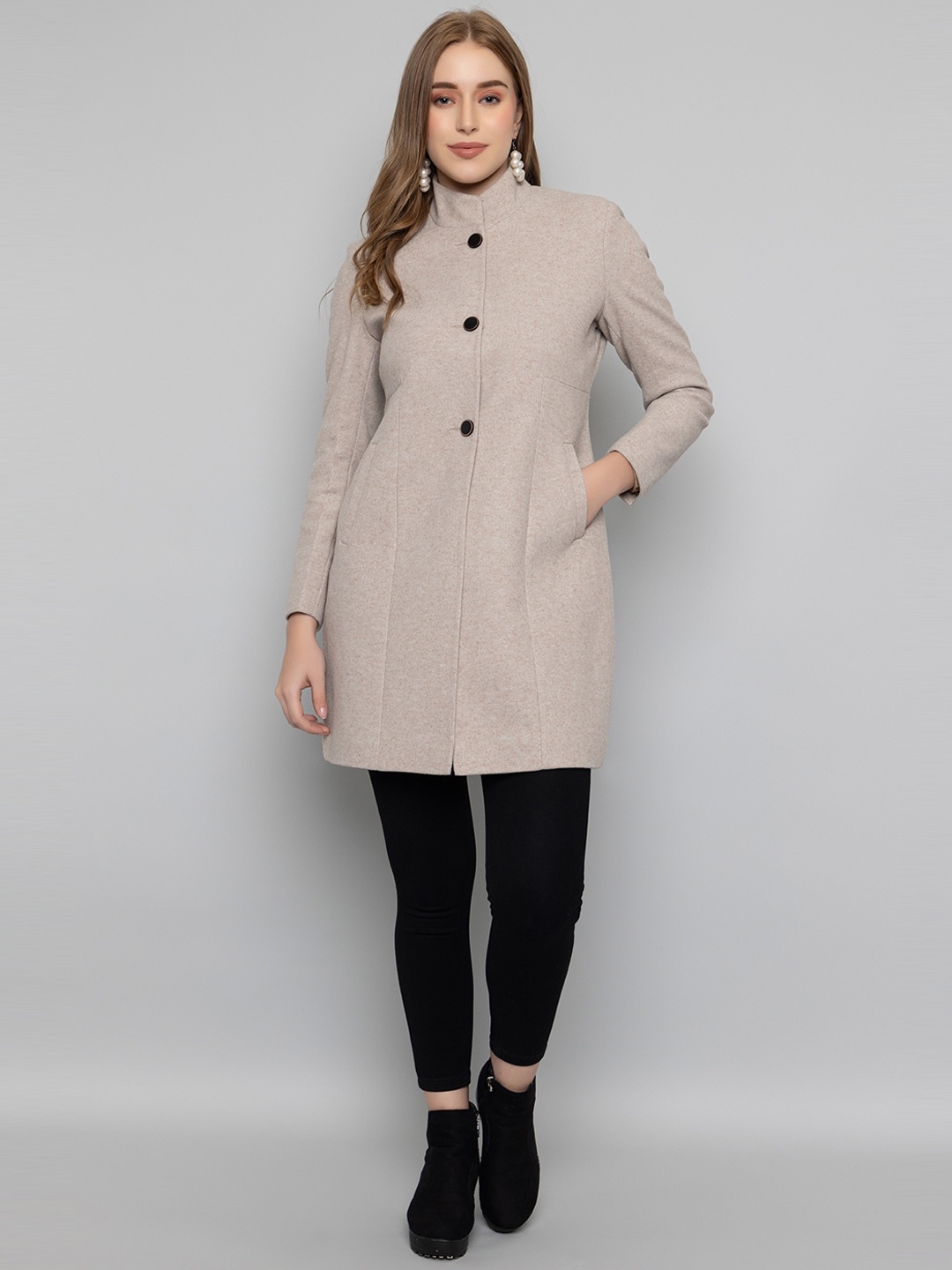 

PROTEX Stand Collar Single Breasted Overcoat, Beige