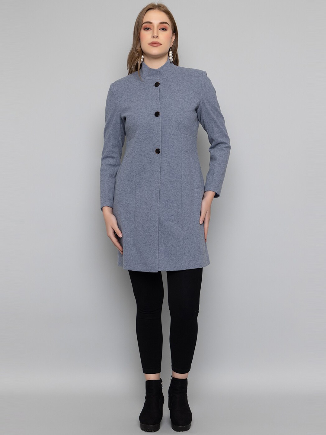 

PROTEX Self Design Mock Collar Woolen Overcoat, Blue