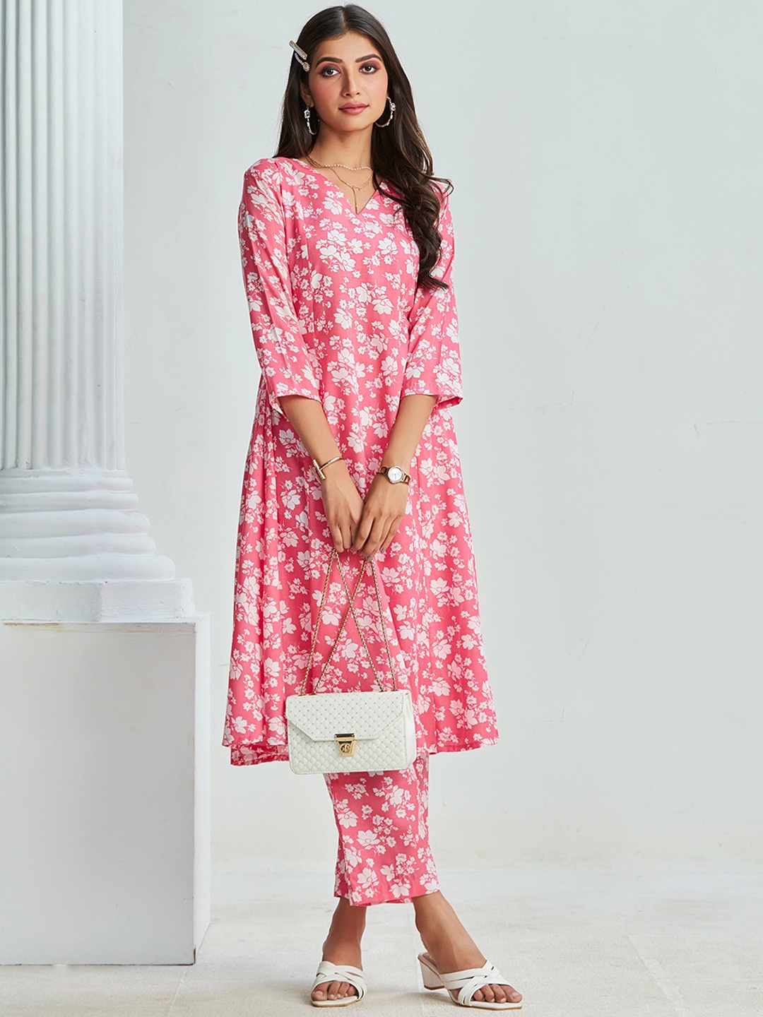 

Sangria Floral Printed Pure Cotton A-line Kurta With Trouser, Pink