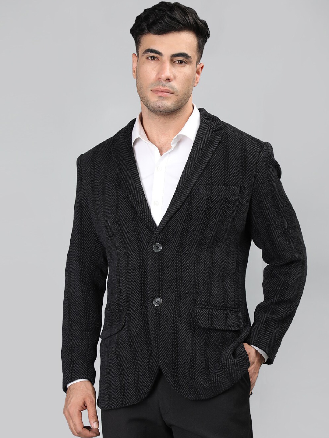 

PROTEX Notched Lapel Single-Breasted Overcoat, Black