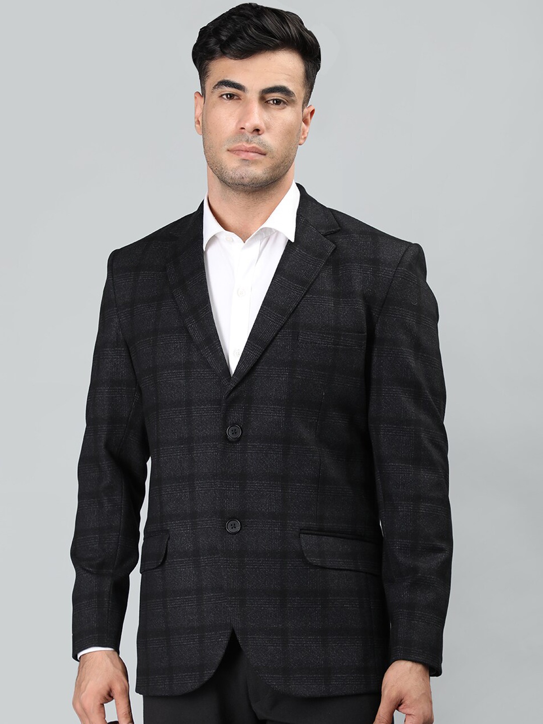 

PROTEX Checked Notched Lapel Collar Single-Breasted Woollen Overcoat, Black