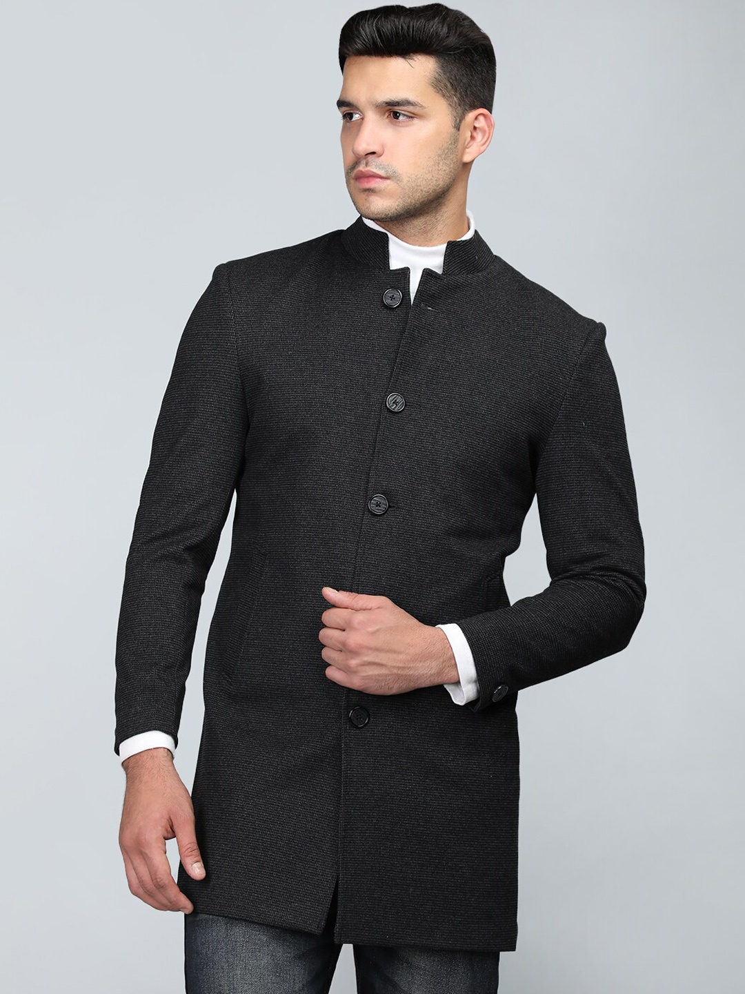

PROTEX Stand Collar Single Breasted Woollen Overcoat, Black