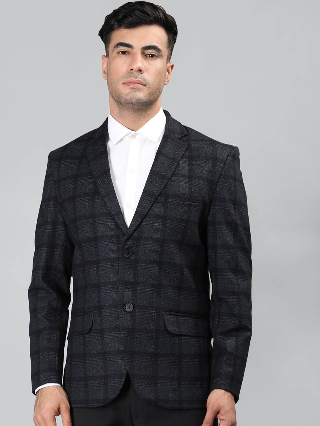 

PROTEX Checked Notched Lapel Collar Single-Breasted Woollen Over Coat, Blue