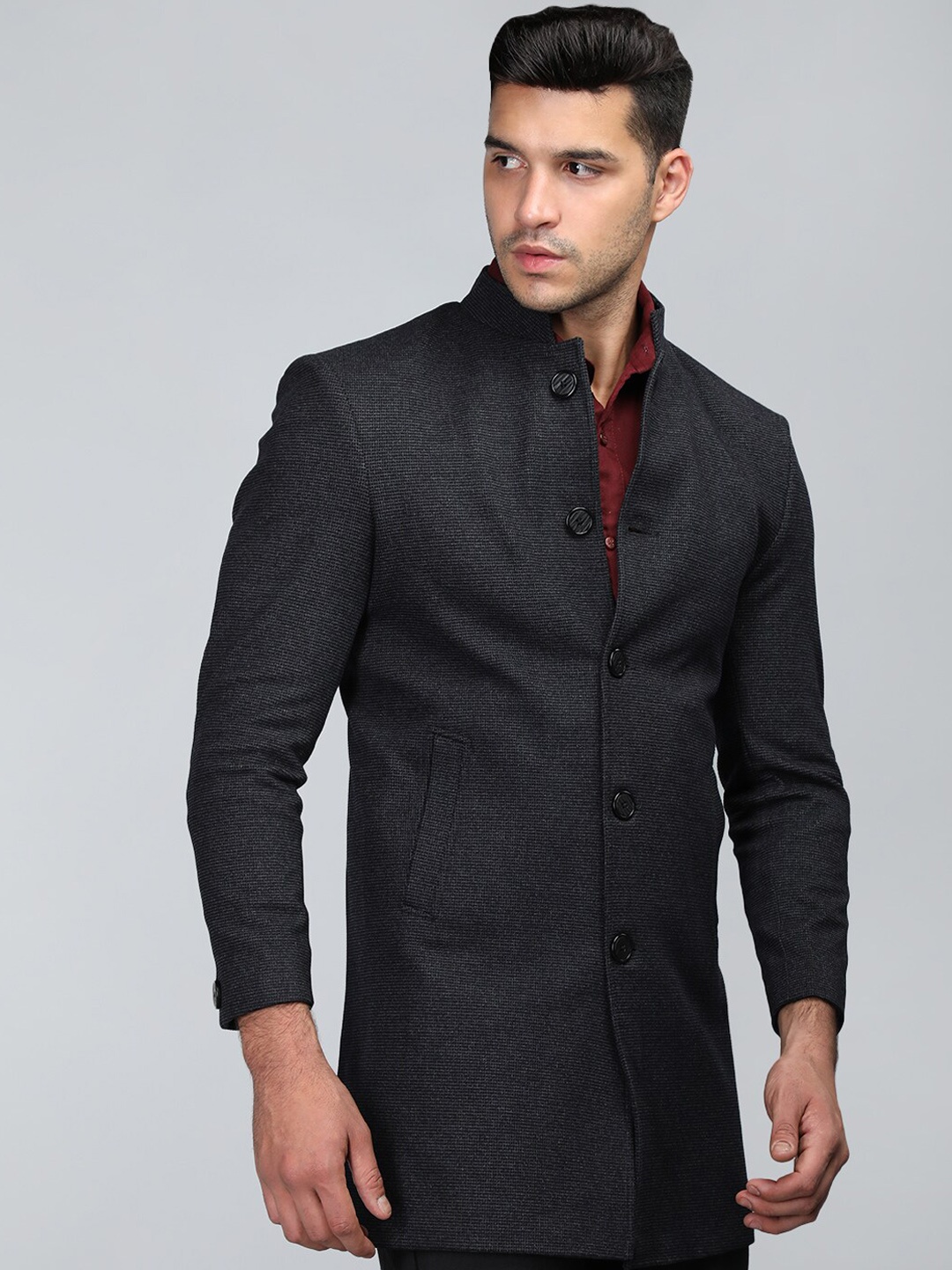 

PROTEX Stand Collar Woollen Single-Breasted Overcoat, Blue