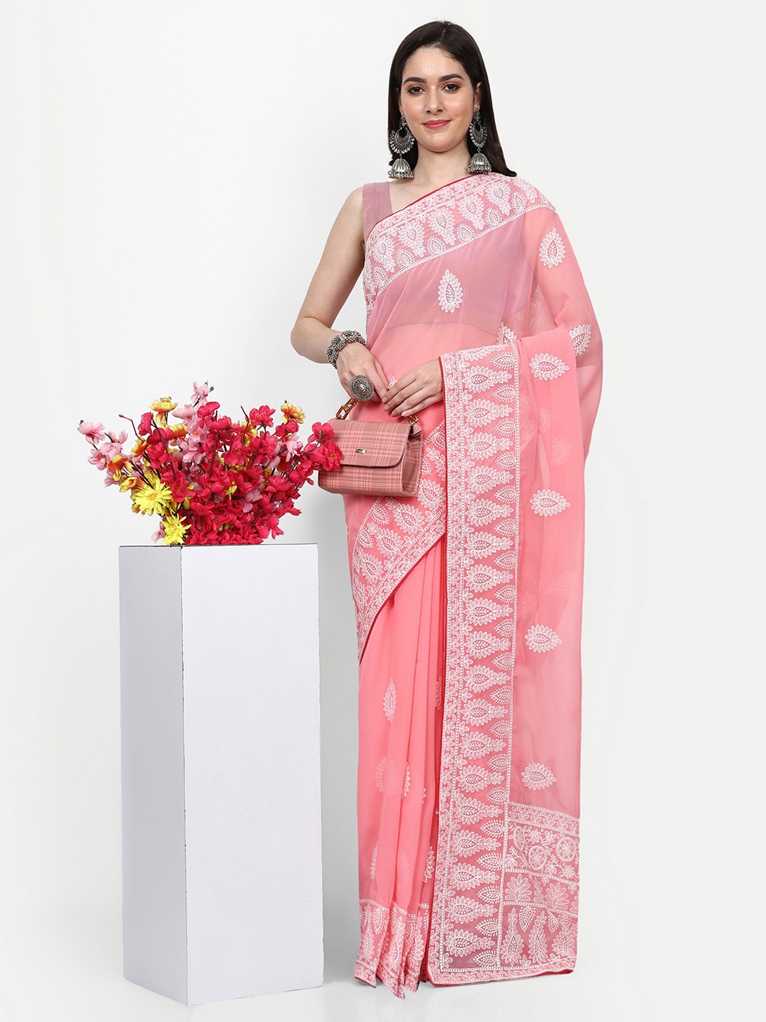 

Manu Designer Ethnic Motifs Embroidered Pure Georgette Saree, Pink