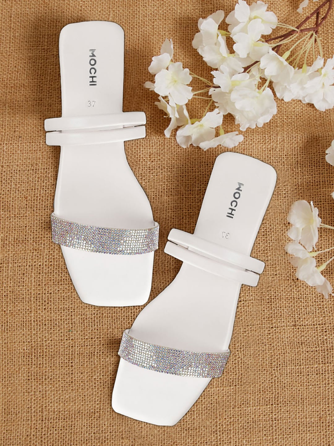 

Mochi Embellished Open Toe Flats, White