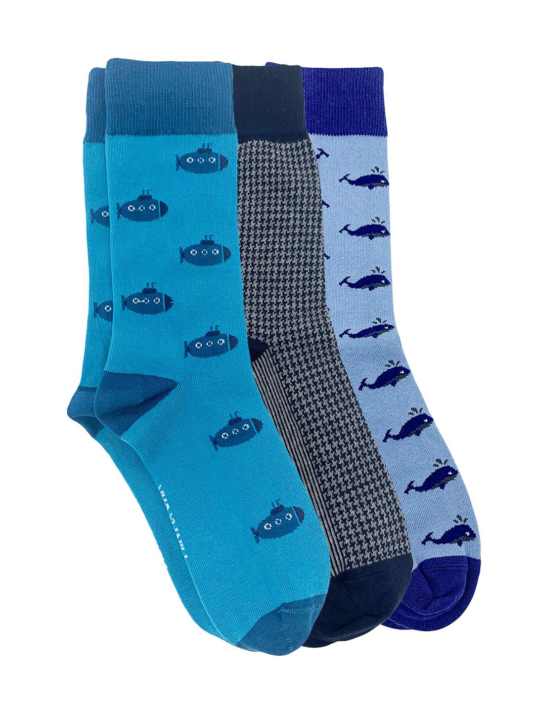 

Mint & Oak Men Pack of 3 Cotton Patterned Calf-Length Socks, Turquoise blue