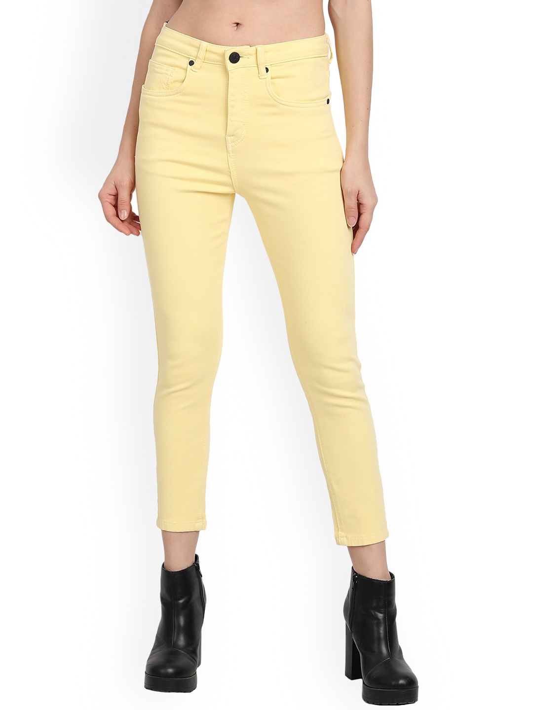 

Lorem Ginzo Women Skinny Fit High-Rise Clean Look Cropped Cotton Jeans, Yellow