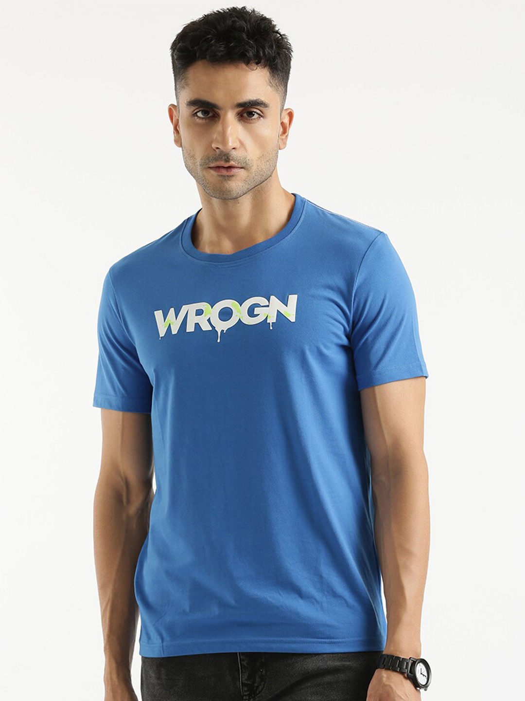WROGN Typography Printed Cotton Slim Fit T-shirt, Blue