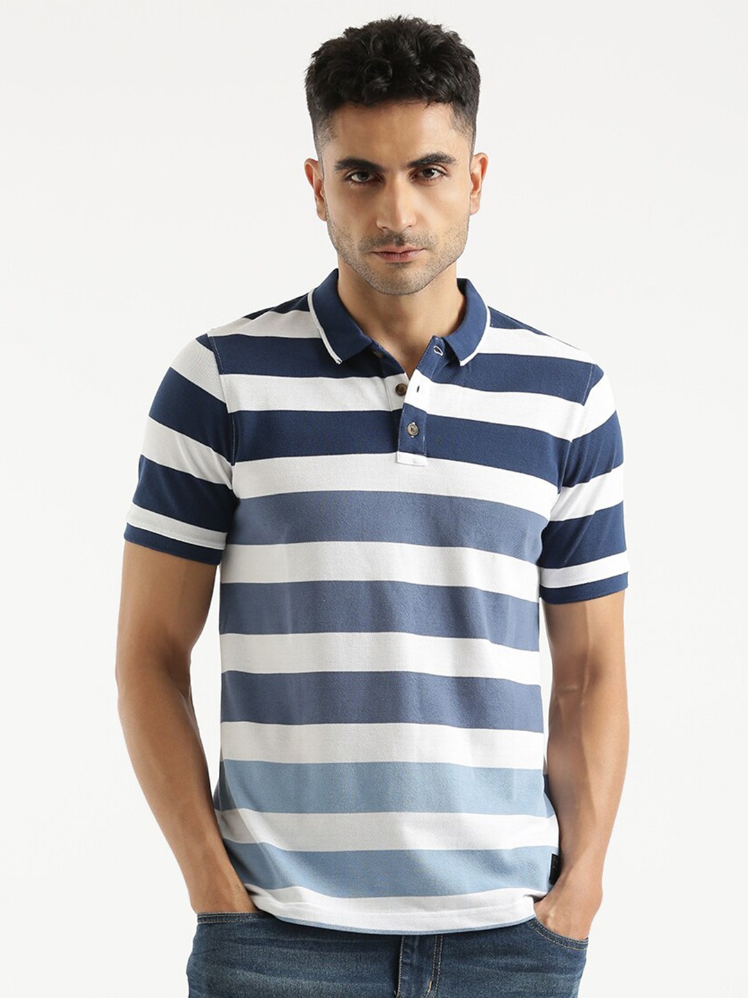 

WROGN Striped Cotton Polo Collar Slim Fit T-shirt, White