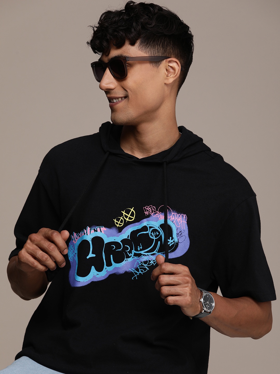 

WROGN Typography Printed Hooded Pure Cotton T-shirt, Black