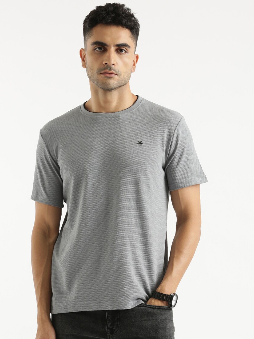 

WROGN Slim Fit Round Neck Short Sleeves Cotton T-shirt, Grey