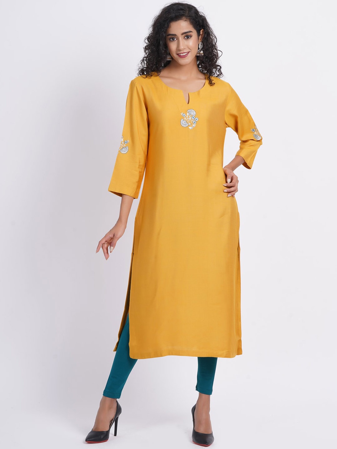 

SUTI Floral Embroidered Cotton Straight Kurta, Gold