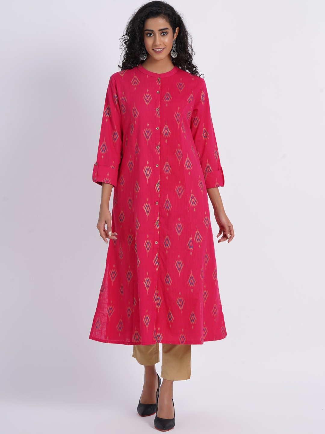 

SUTI Ethnic Motifs Printed Mandarin Collar A-Line Panelled Cotton Kurta, Rose