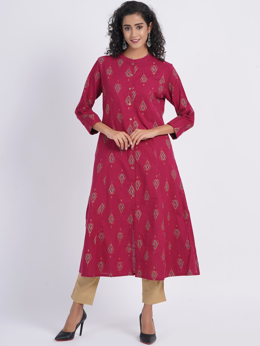 

SUTI Ethnic Motifs Printed Mandarin Collar A-Line Panelled Cotton Kurta, Purple