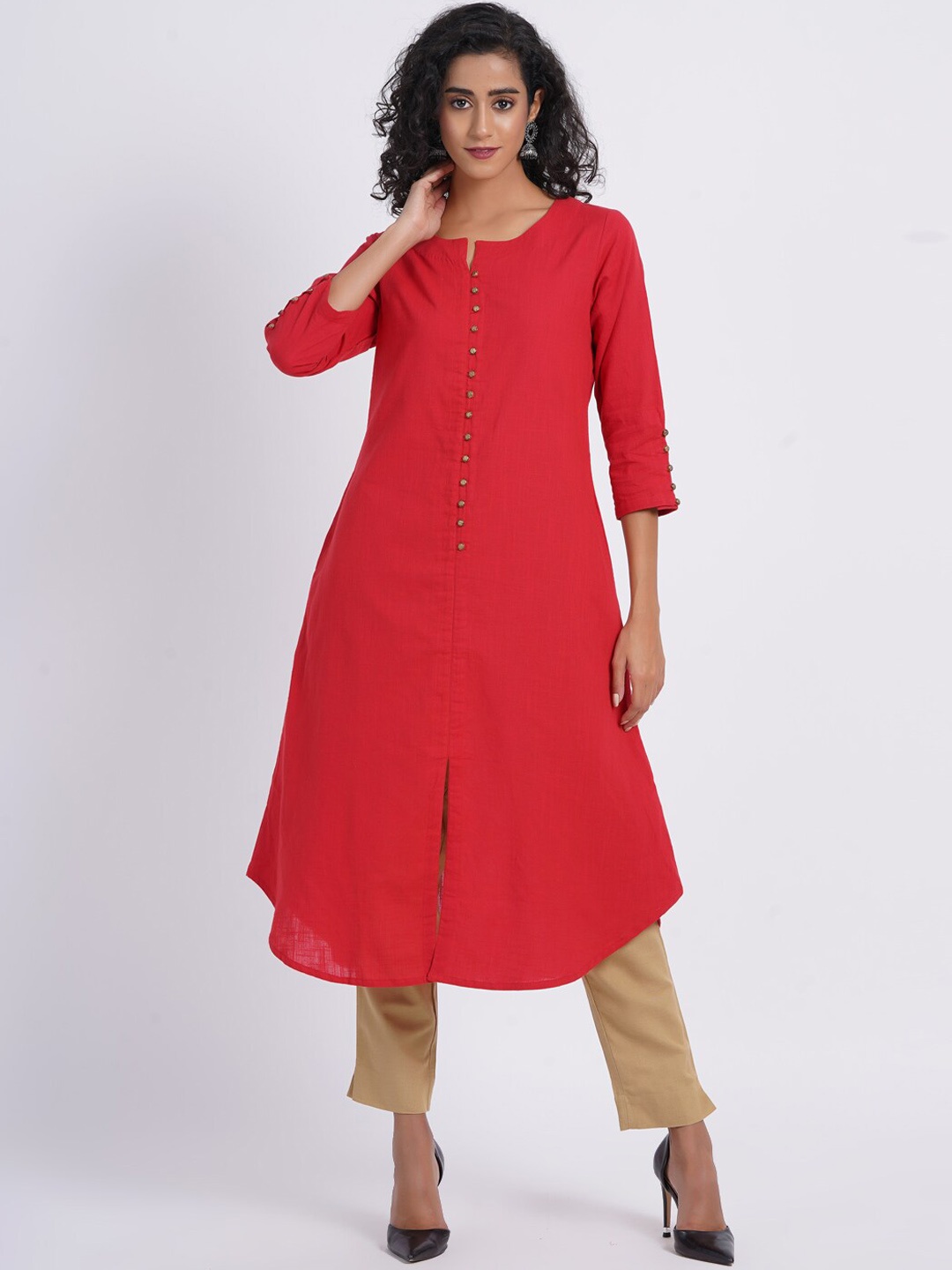 

SUTI A-Line Front Slit Cotton Kurta, Red