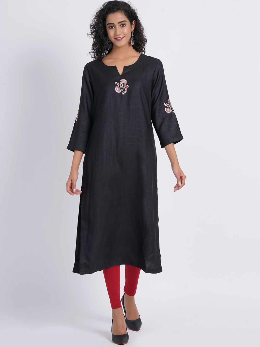 

SUTI Floral Embroidered A-Line Cotton Kurta, Black